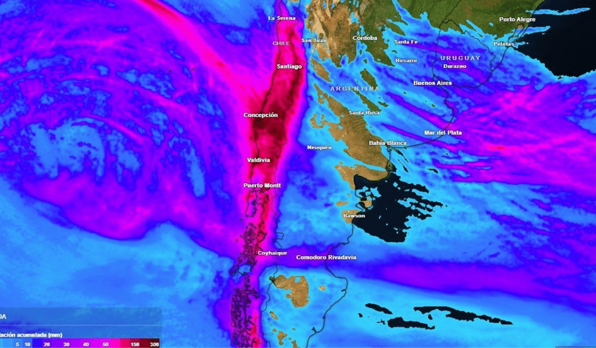 Río atmosférico llega con potente temporal: hasta 50 mm de lluvia en tres días